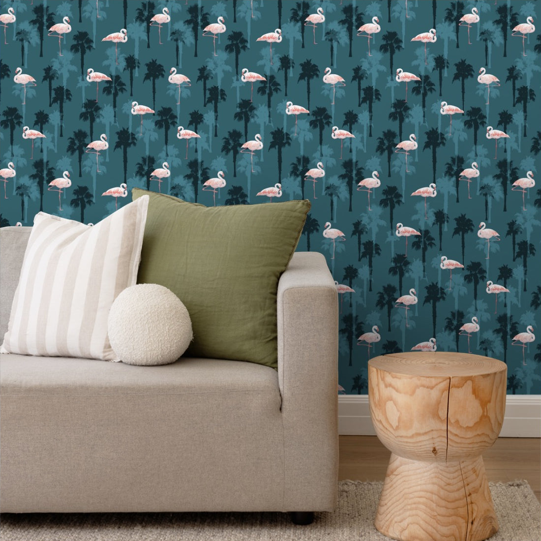 Tropical summer pattern with flamingo birds wallpaper in a living room - Pickawall