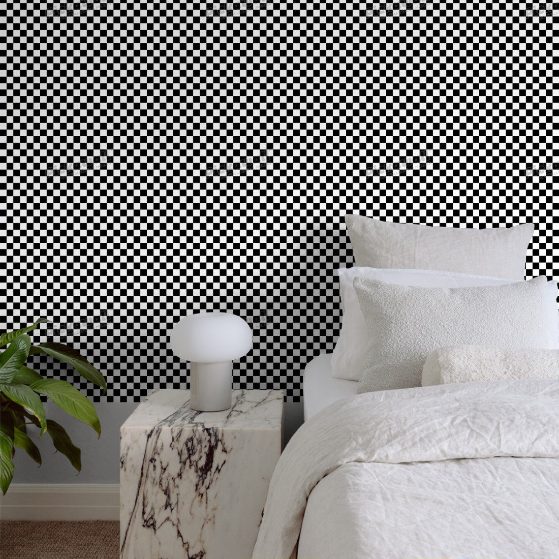 Checkered pattern of black and white squares wallpaper in a bedroom - Pickawall