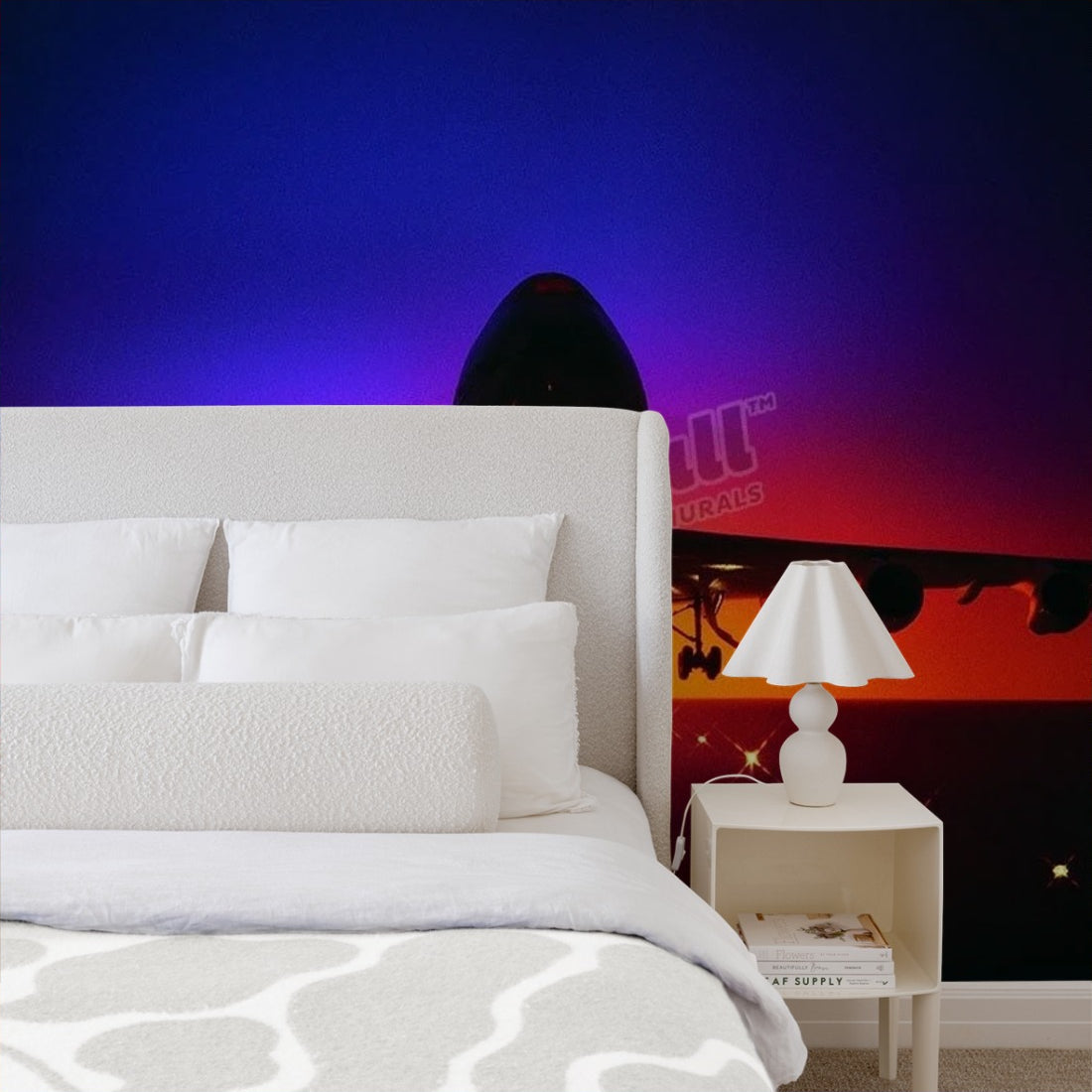 Plane lifting off from runway at dusk wallpaper in a bedroom - Pickawall