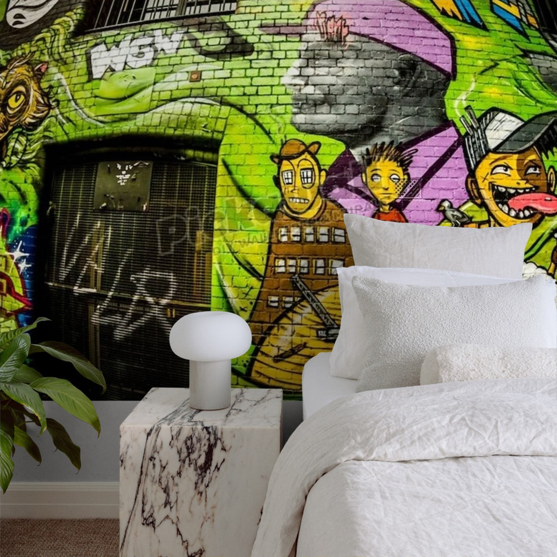 Hosier Lane Green Graffiti wallpaper in a bedroom - Pickawall