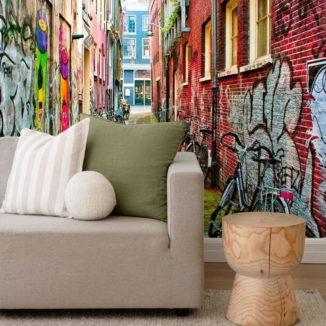 Amsterdam Graffiti Alleyway wallpaper in a living room - Pickawall