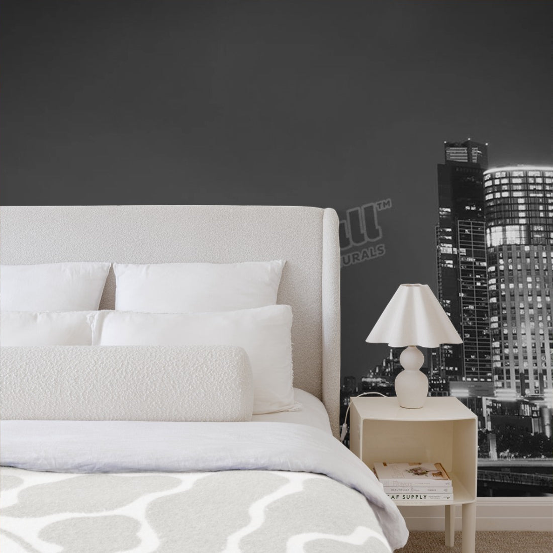 Melbourne City Skyline Black and White wallpaper in a bedroom - Pickawall