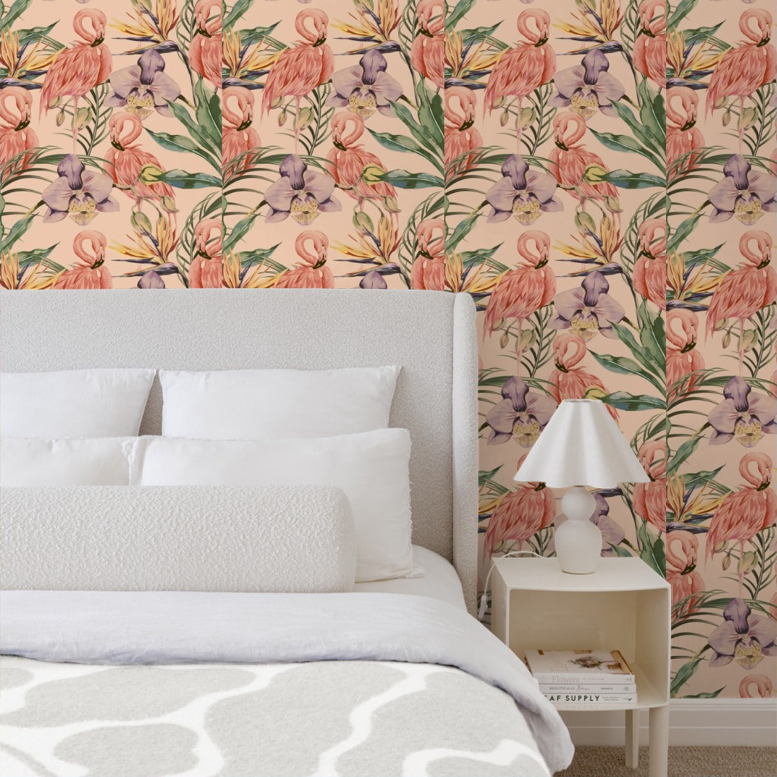 Jungle Flamingos wallpaper in a bedroom - Pickawall