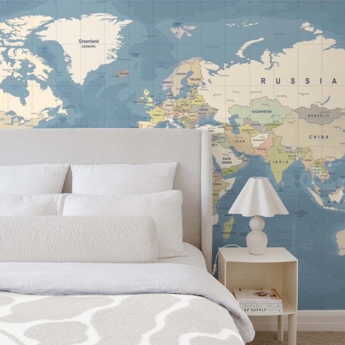 World Map Blue wallpaper in a bedroom - Pickawall
