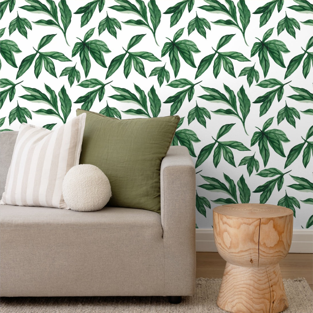 Watercolour Summer Leaves wallpaper in a living room - Pickawall