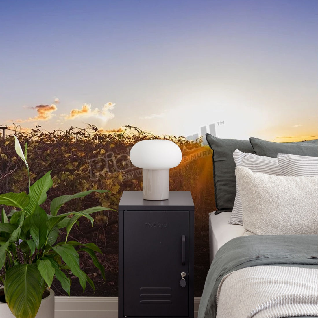 Vineyard Sunset wallpaper in a bedroom - Pickawall