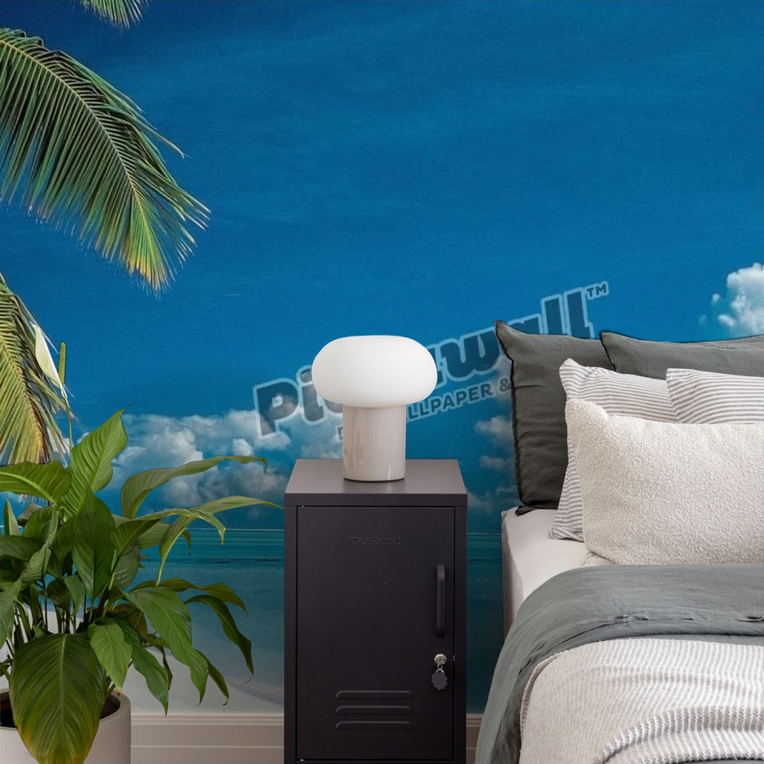 View of ocean and tropical beach. Cook islands. Aitutaki wallpaper in a bedroom - Pickawall