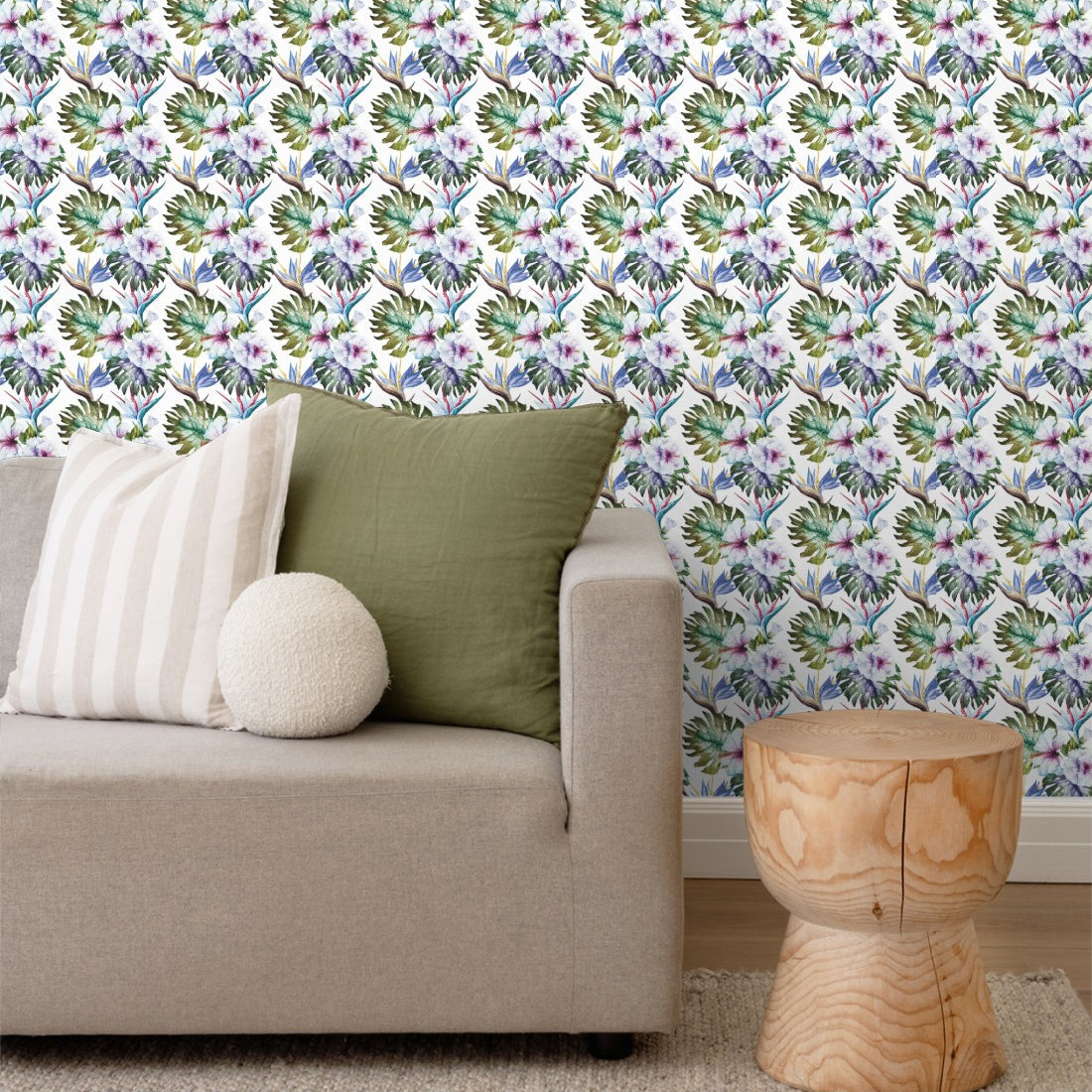 Watercolor hibiscus wallpaper in a living room - Pickawall