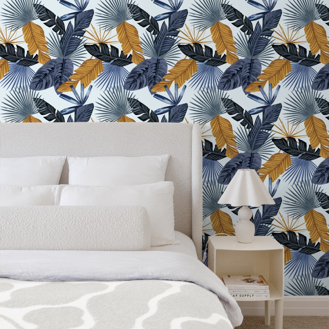 Blue Gold Palm Leaves wallpaper in a bedroom - Pickawall