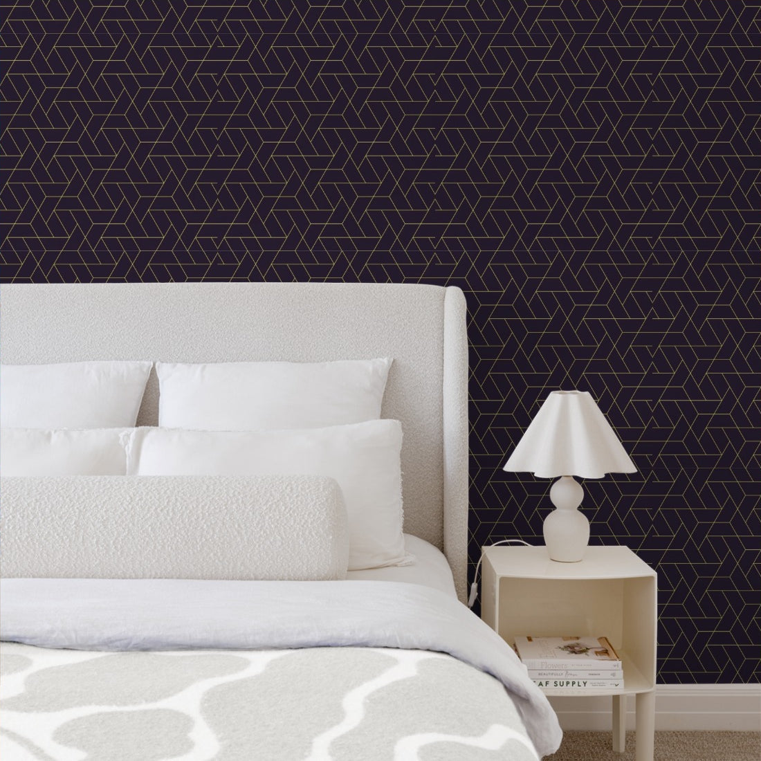 Geometric Grid design purple and gold wallpaper in a bedroom - Pickawall