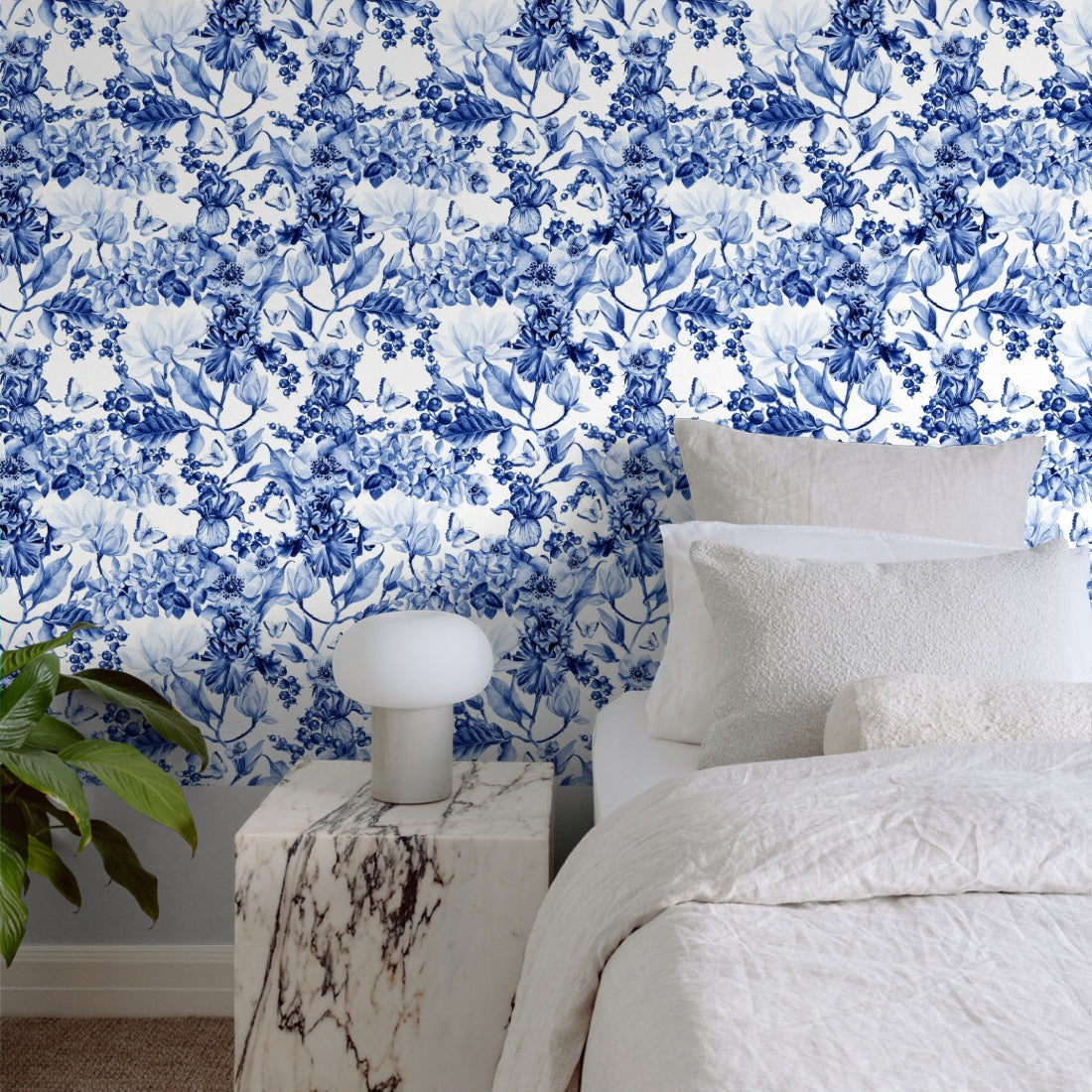 Traditional blue and white floral wallpaper in a bedroom - Pickawall