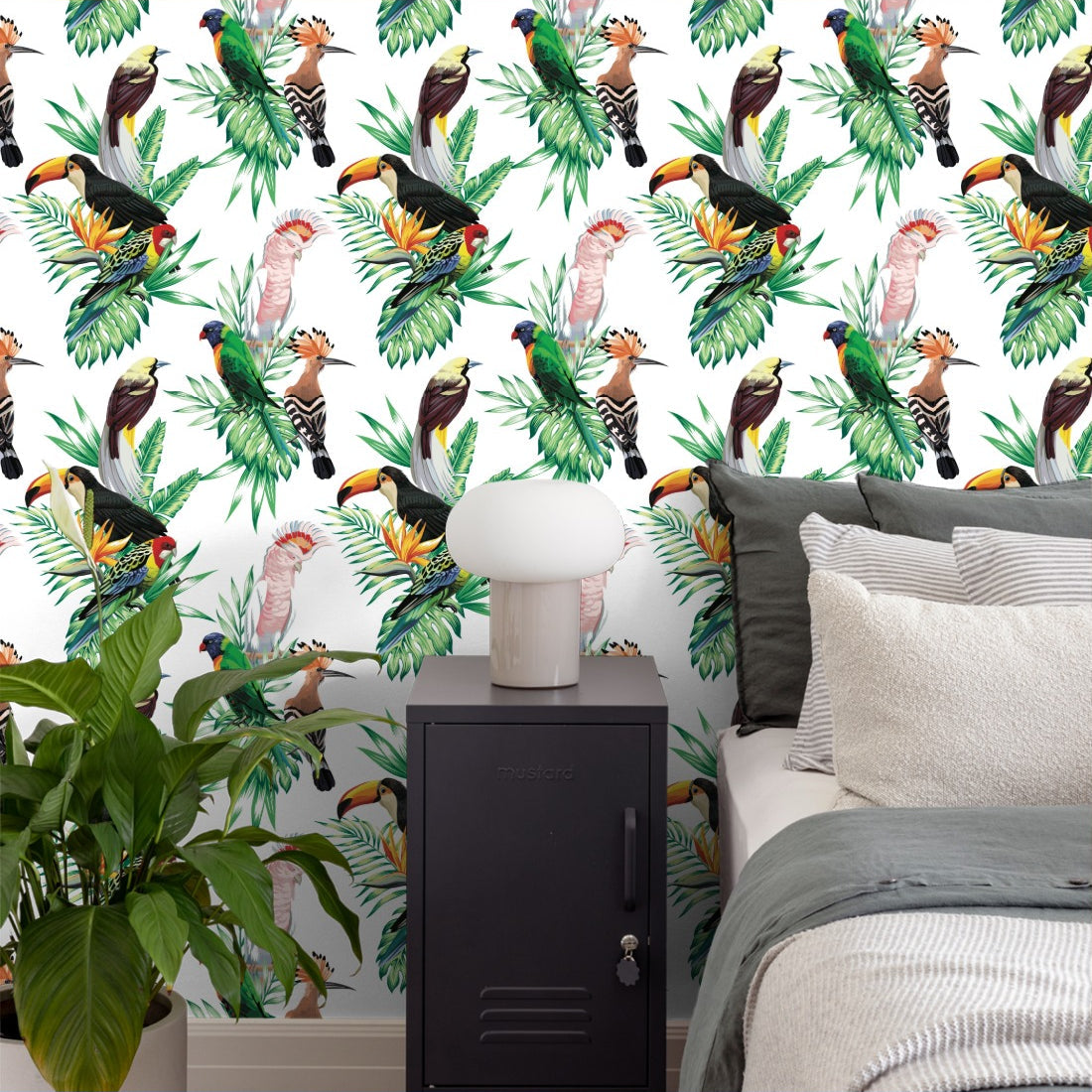Parrot, Maccaw and Toucan on a branch wallpaper in a bedroom - Pickawall