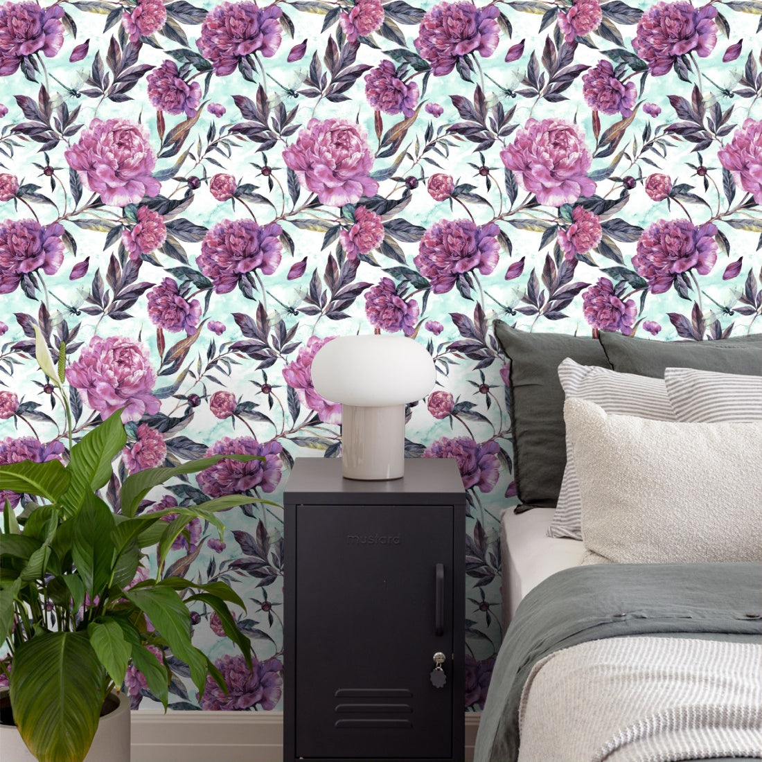 Watercolour Pink Peonies with blue background wallpaper in a bedroom - Pickawall