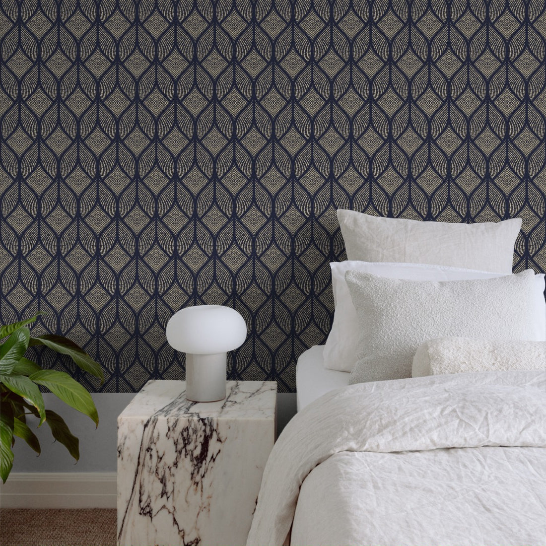 Navy and Gold Luxe Pattern wallpaper in a bedroom - Pickawall