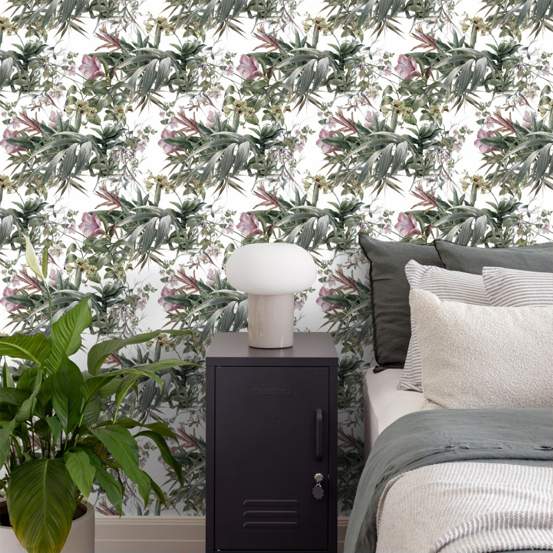 Watercolour Leaves and Pink floral wallpaper in a bedroom - Pickawall