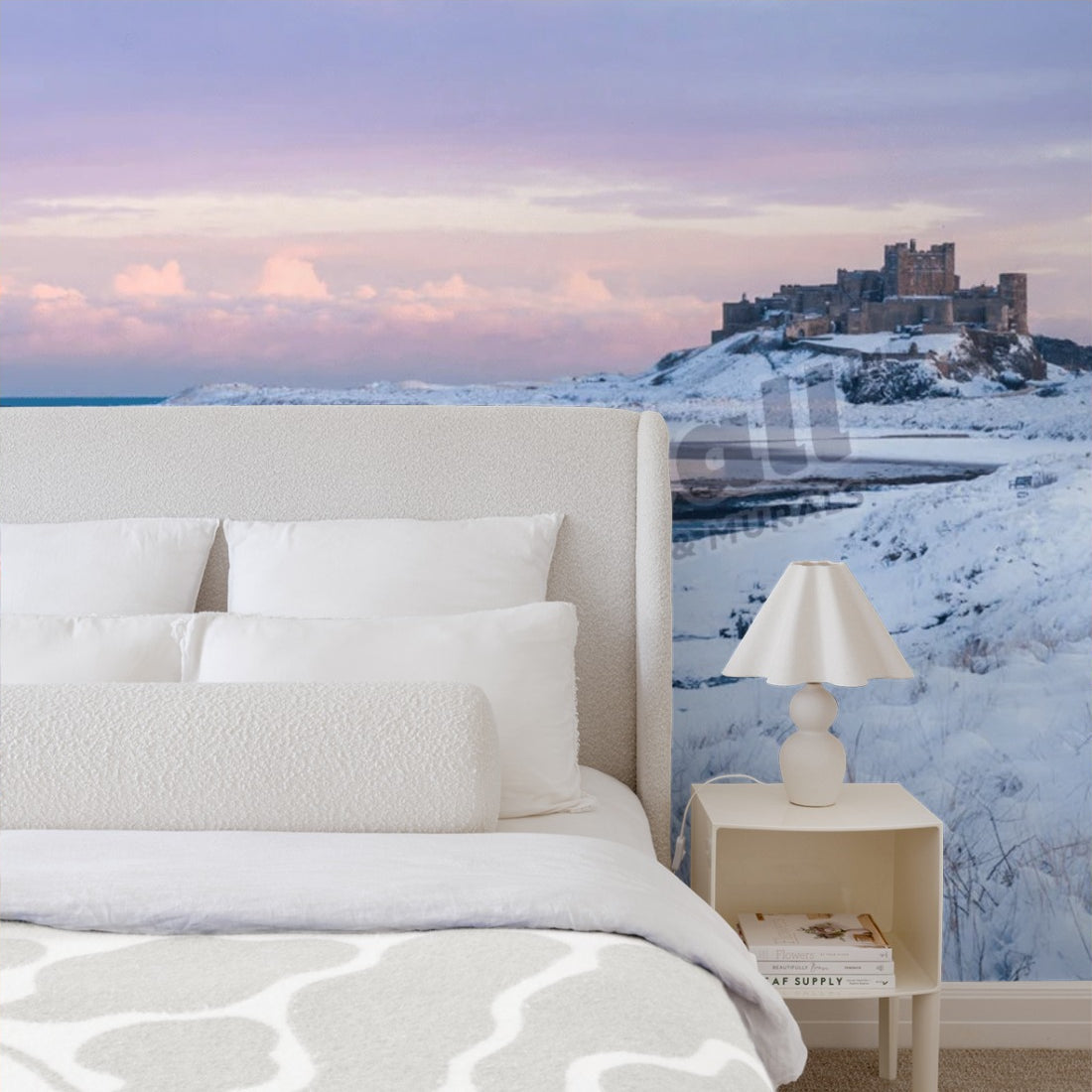 Snow covered winter scene at sunset, Bamburgh castle, YK wallpaper in a bedroom - Pickawall