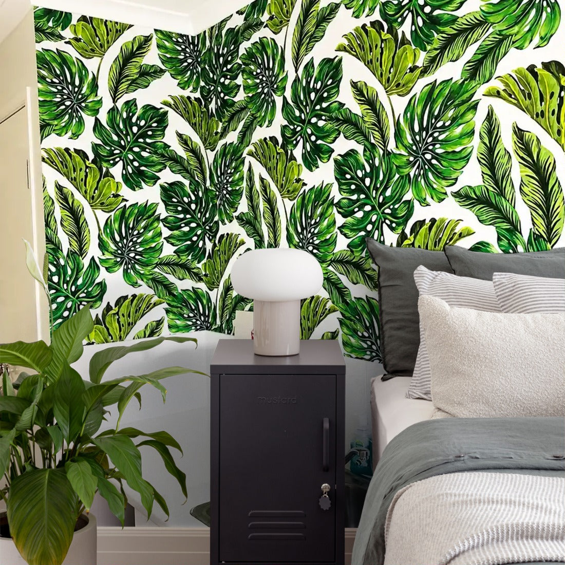 Tropical Leaf Laundry wallpaper in a bedroom - Pickawall