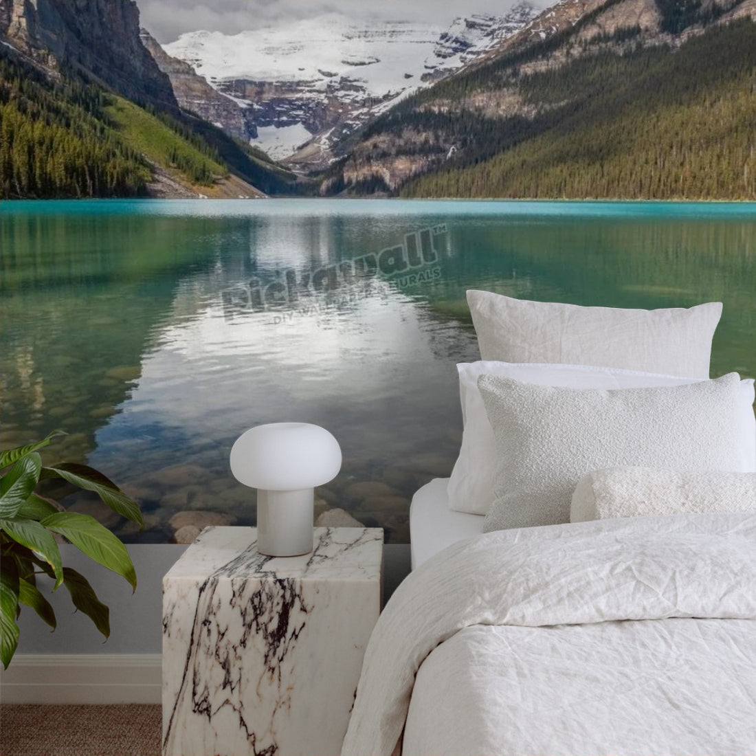 Lake by mountains reflection wallpaper in a bedroom - Pickawall