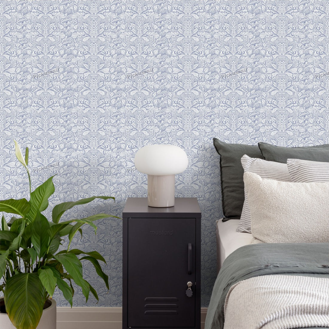 Greenery Blue by Loren Shoemark wallpaper in a bedroom - Pickawall