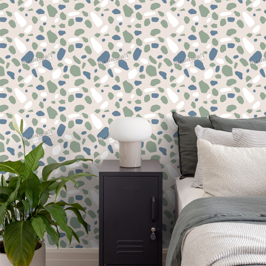 Sage Green and Blue Terrazzo Pattern by Liberty Interiors wallpaper in a bedroom - Pickawall