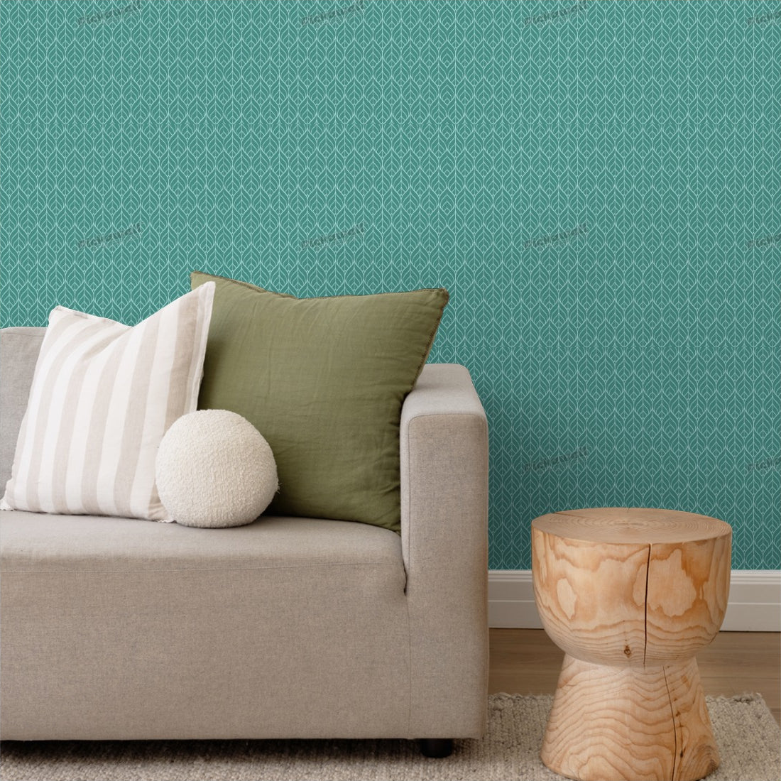 Peacock Cyan by Loren Shoemark wallpaper in a living room - Pickawall