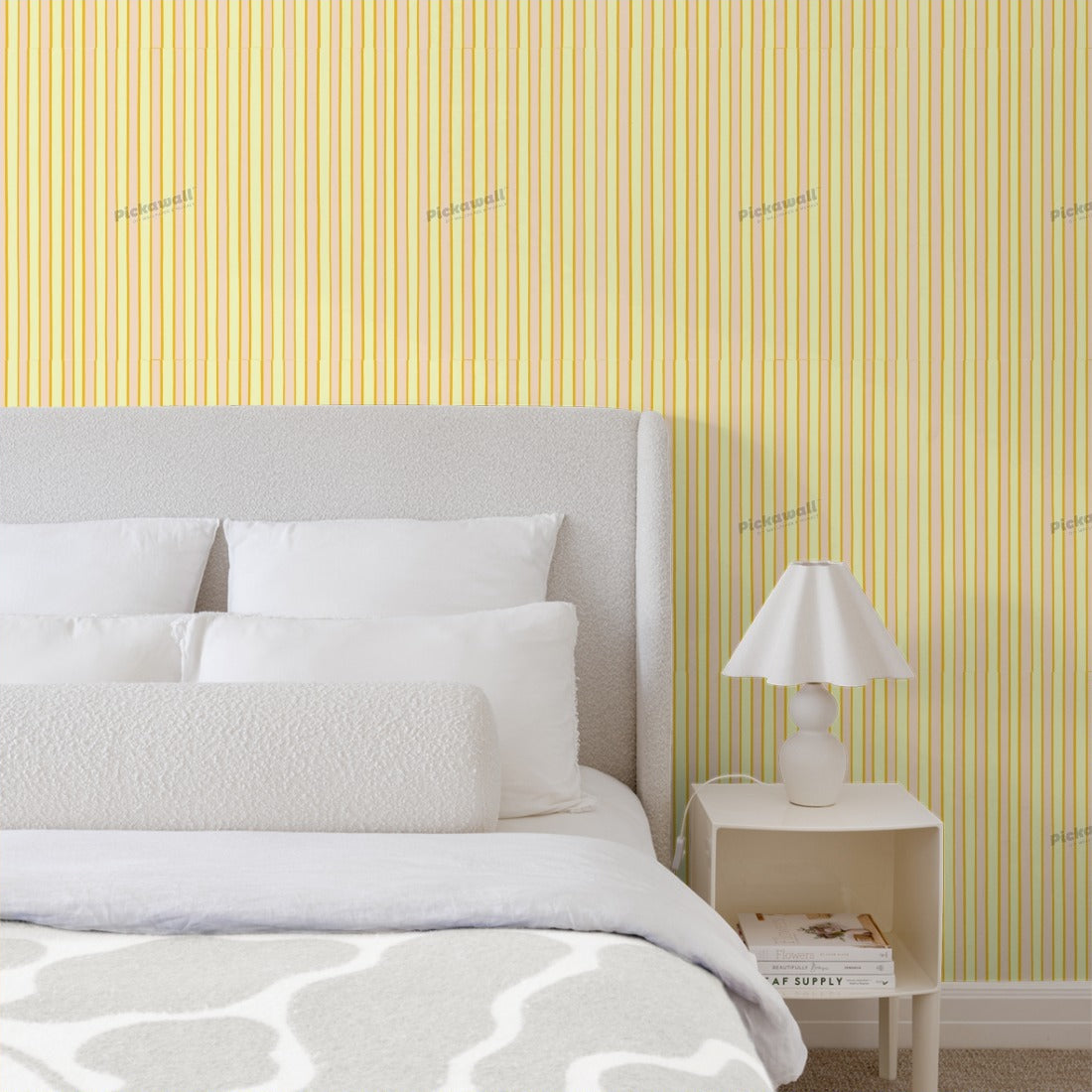 Celia Love Orange Pink Green Stripe wallpaper in a bedroom - Pickawall