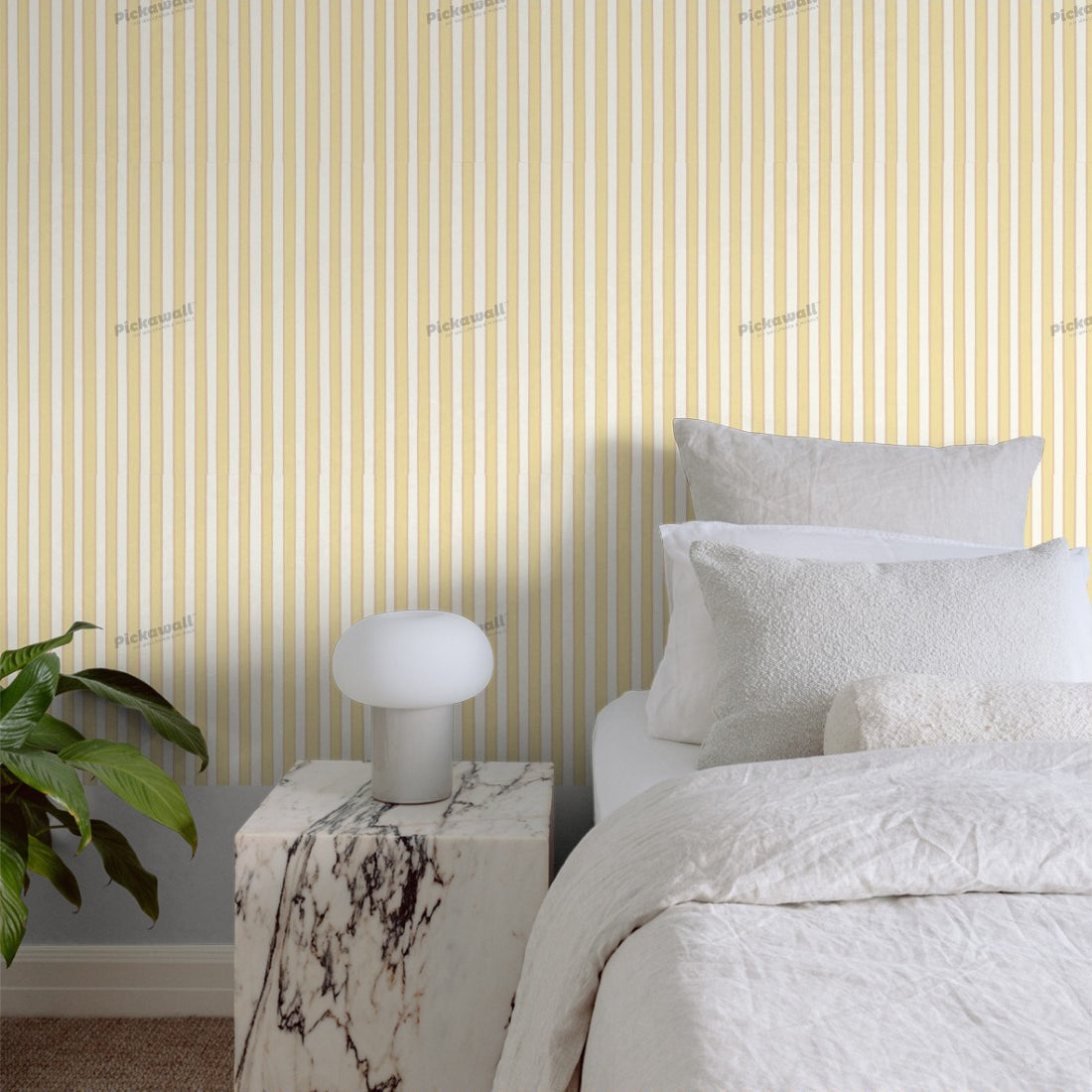 Celia Love Cream Butter Peach Stripe wallpaper in a bedroom - Pickawall