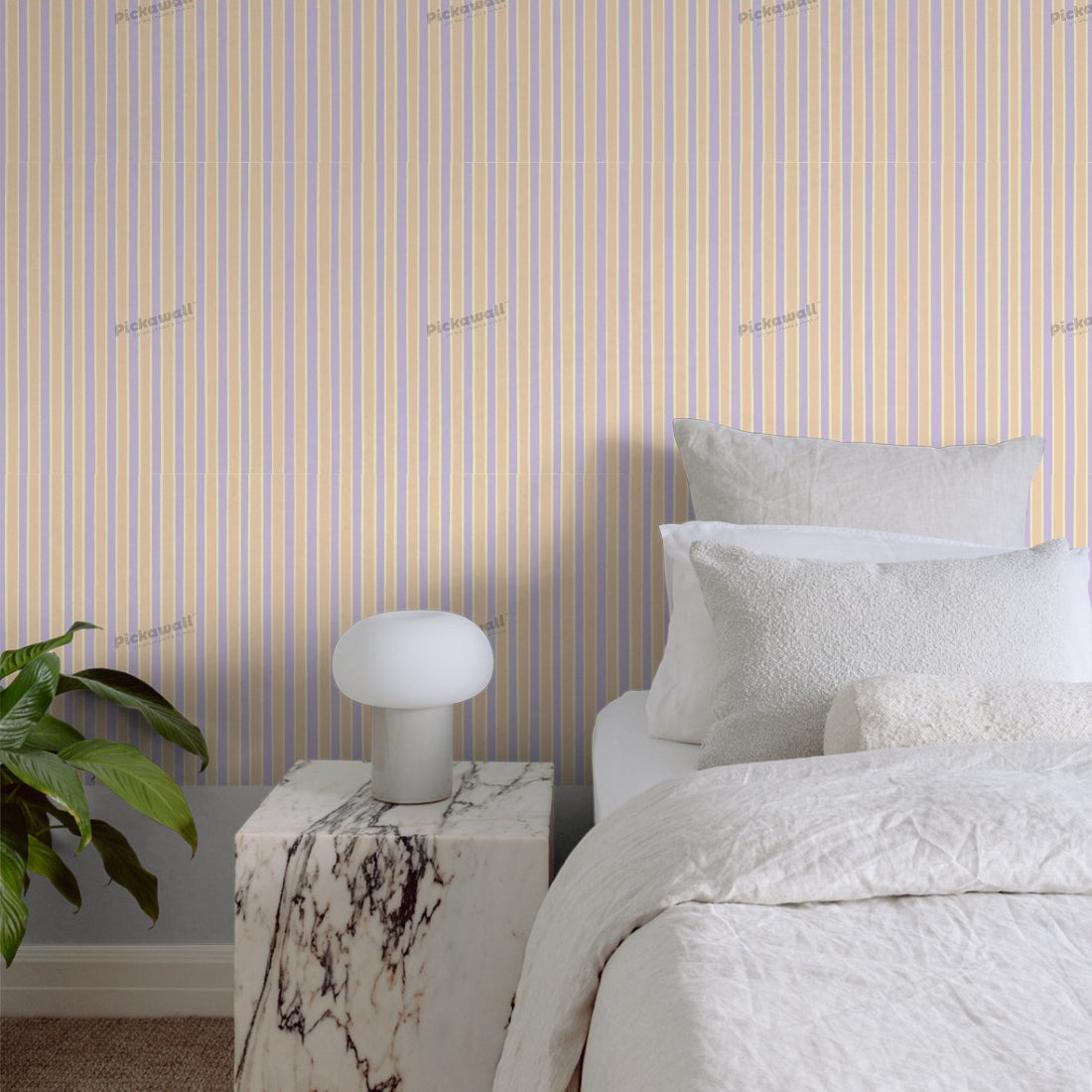 Celia Love Lilac Green Peach Stripe wallpaper in a bedroom - Pickawall