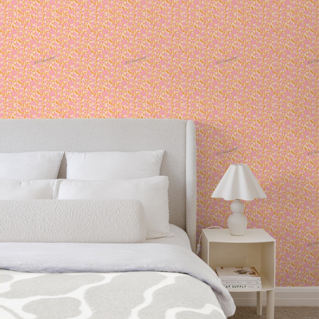 Orange and Pink Flower Vine Pattern wallpaper in a bedroom - Pickawall