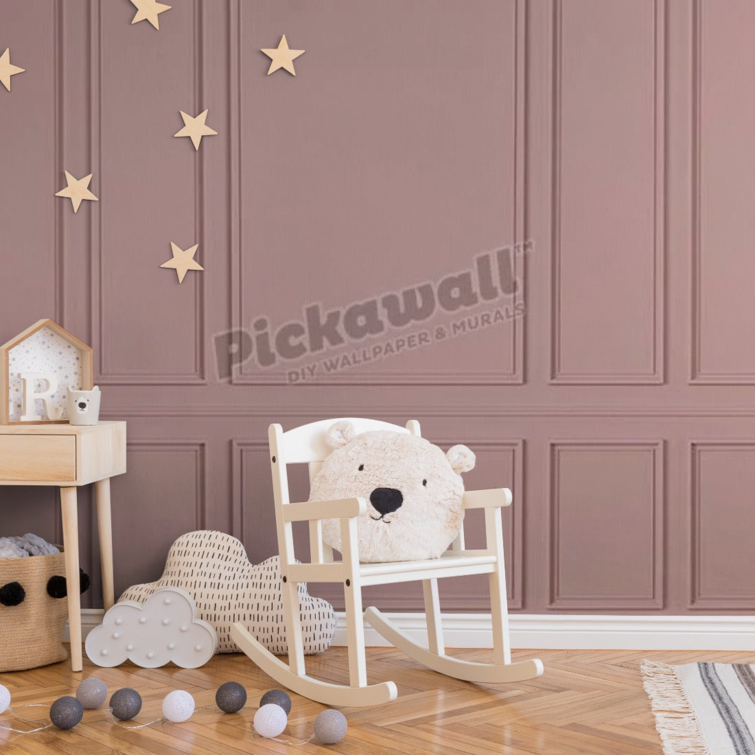 Pink Wood Wall Panelling wallpaper in a nursery - Pickawall