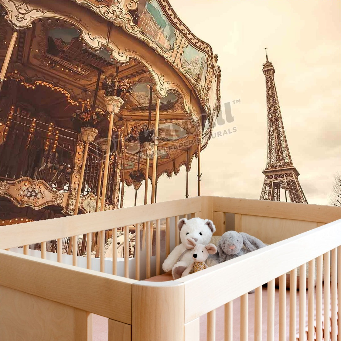 Vintage carousel in Paris wallpaper in a nursery - Pickawall