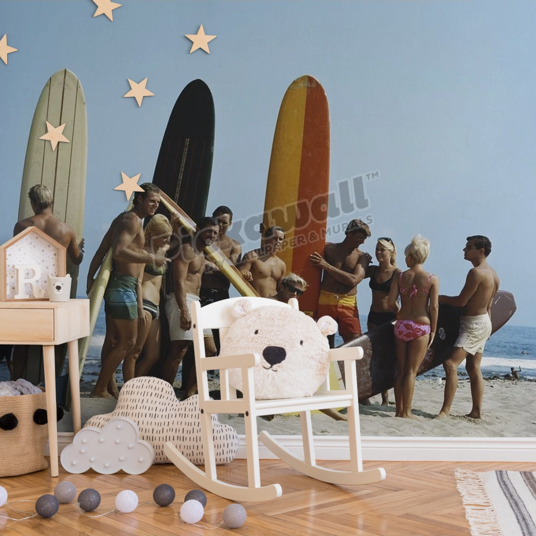 People on beach with surf board wallpaper in a nursery - Pickawall