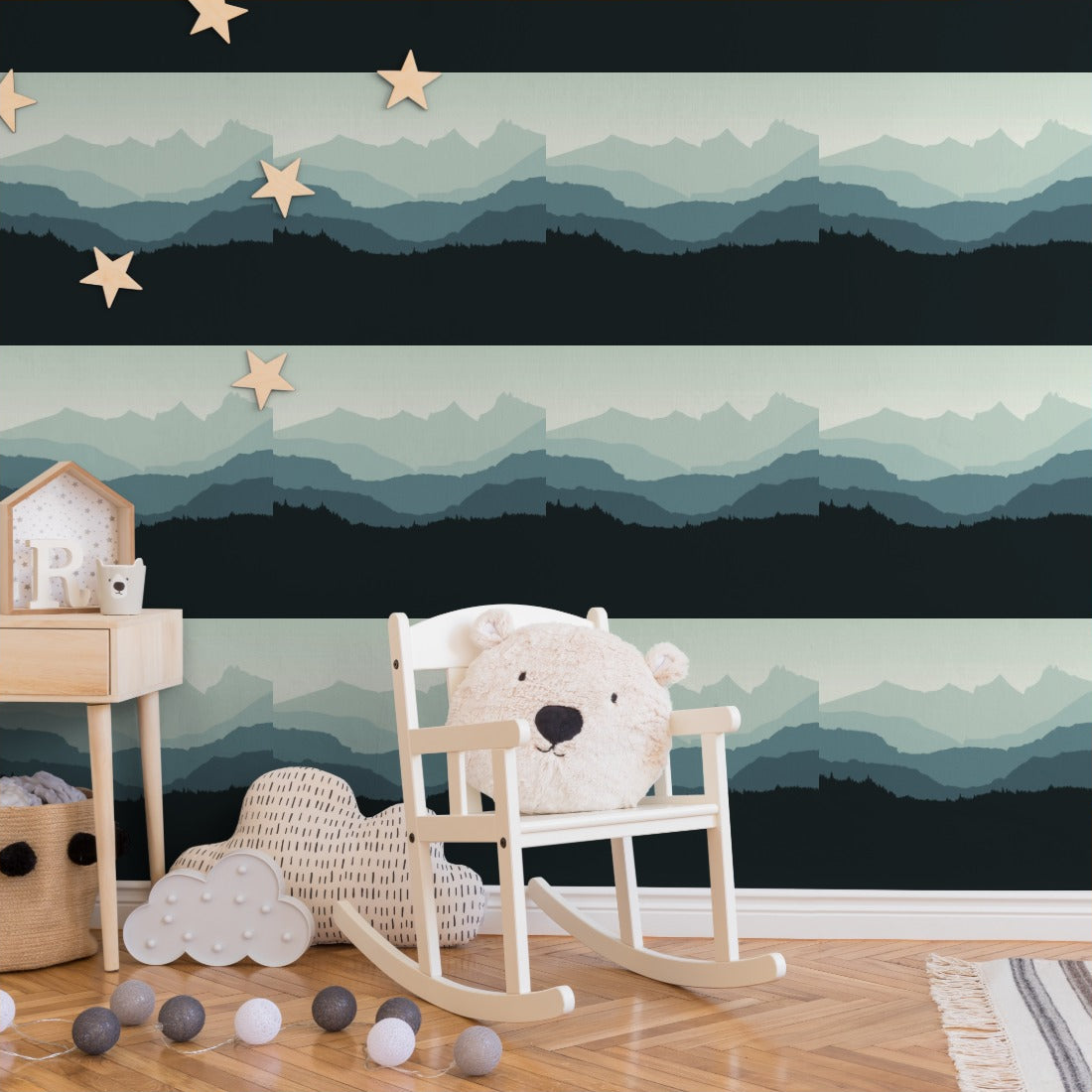 Mountain illustration background wallpaper in a nursery - Pickawall