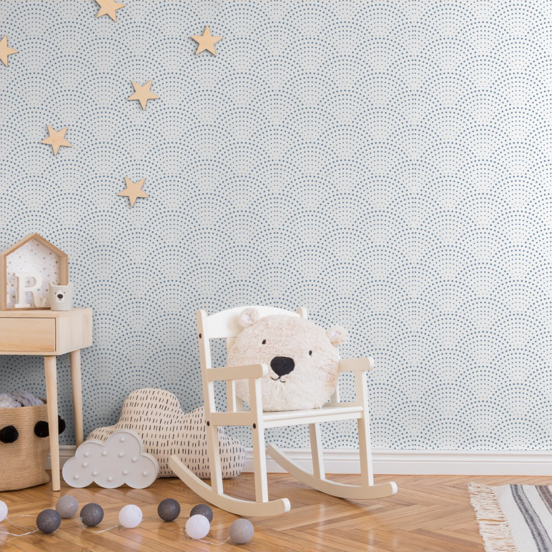 Blue dots in fish scale layout - House Rules wallpaper in a nursery - Pickawall