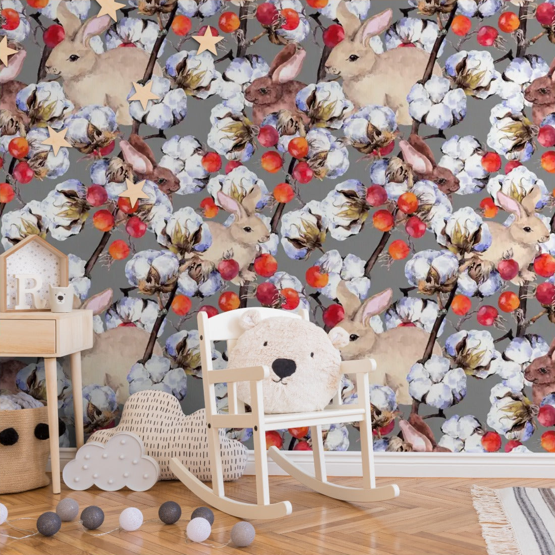 Bunnies, cotton branches and berries wallpaper in a nursery - Pickawall