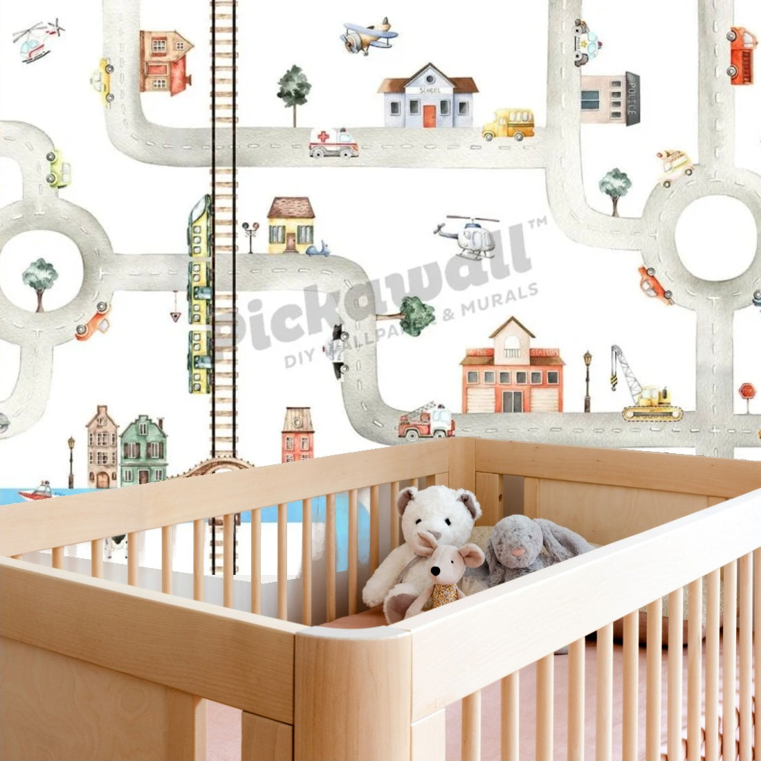 City of Vehicles by Oliver Robins wallpaper in a nursery - Pickawall