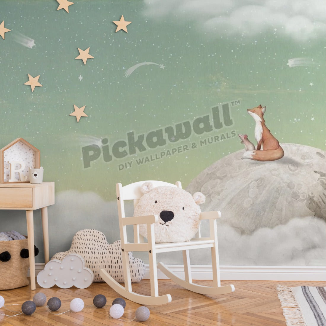 Fox and the Moon Green by Oliver Robins wallpaper in a nursery - Pickawall