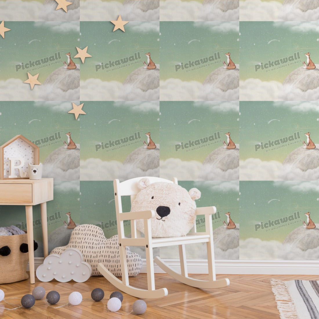 Fox on the Moon by Kikki Belle wallpaper in a nursery - Pickawall