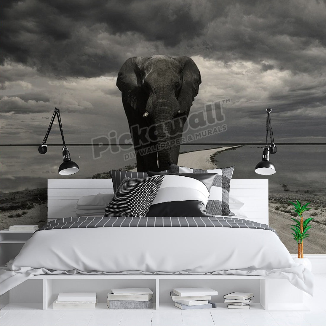 Elephant on the road wallpaper in a bedroom - Pickawall