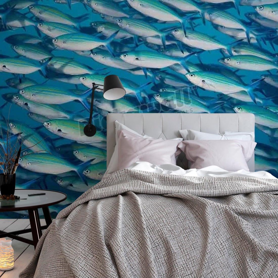 Shoal of Goldbanded Fusilier wallpaper in a bedroom - Pickawall