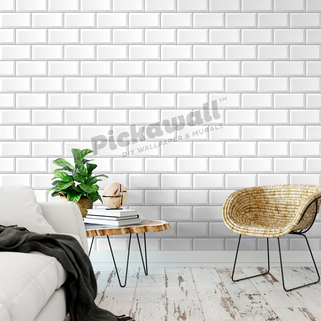White Subway Tile Small wallpaper in a living room - Pickawall