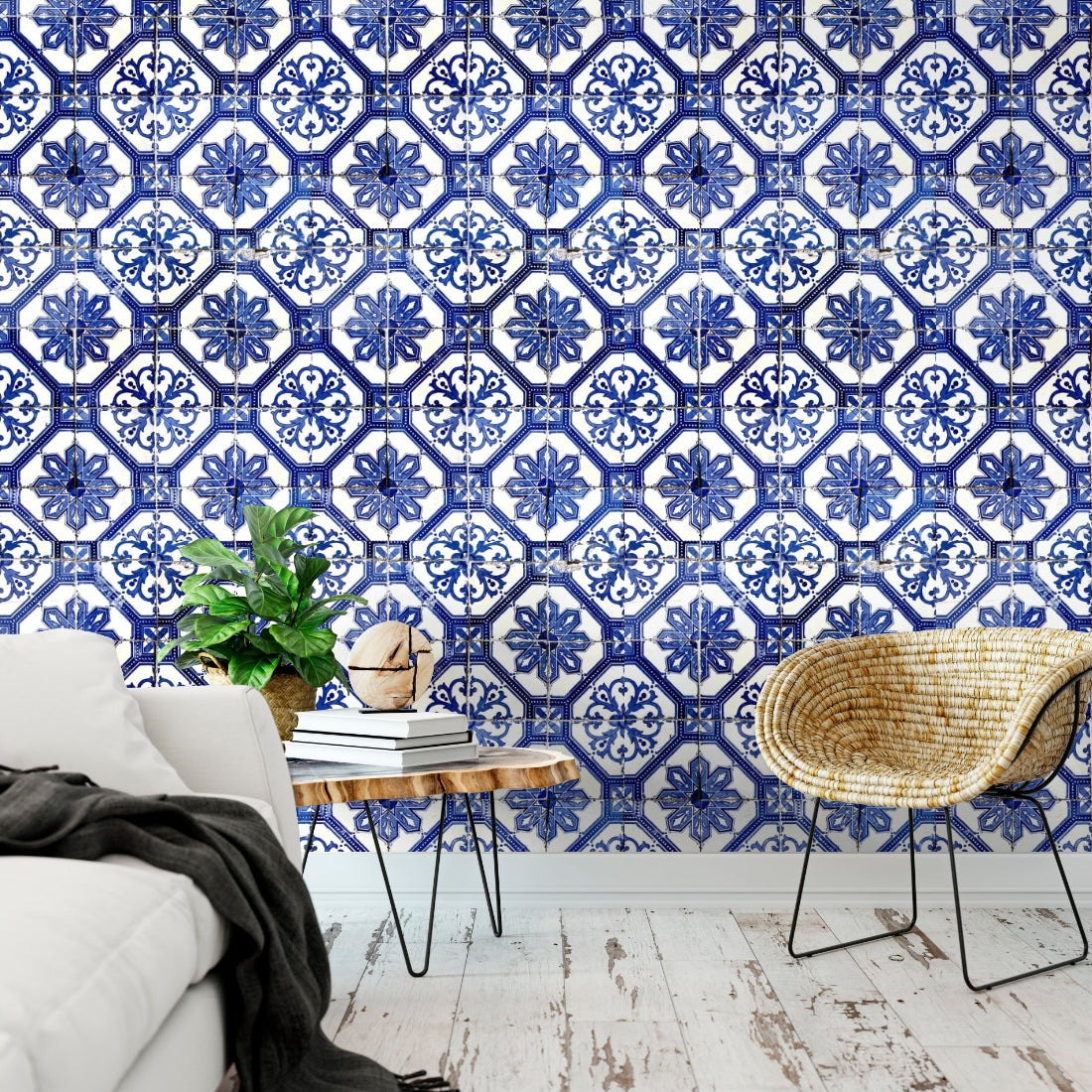 Amalfi Coast Tile Pattern wallpaper in a living room - Pickawall
