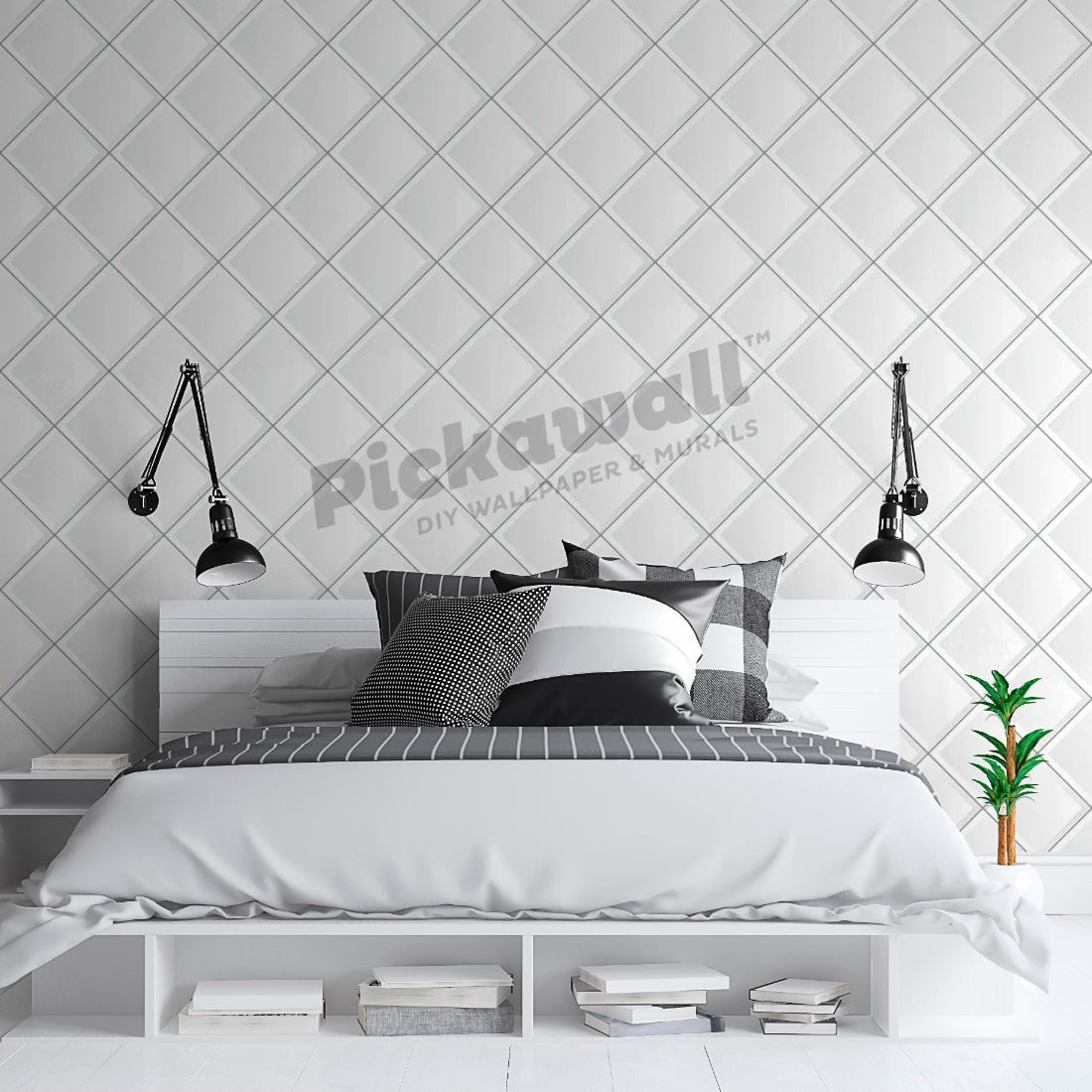White Diamond Tile wallpaper in a bedroom - Pickawall