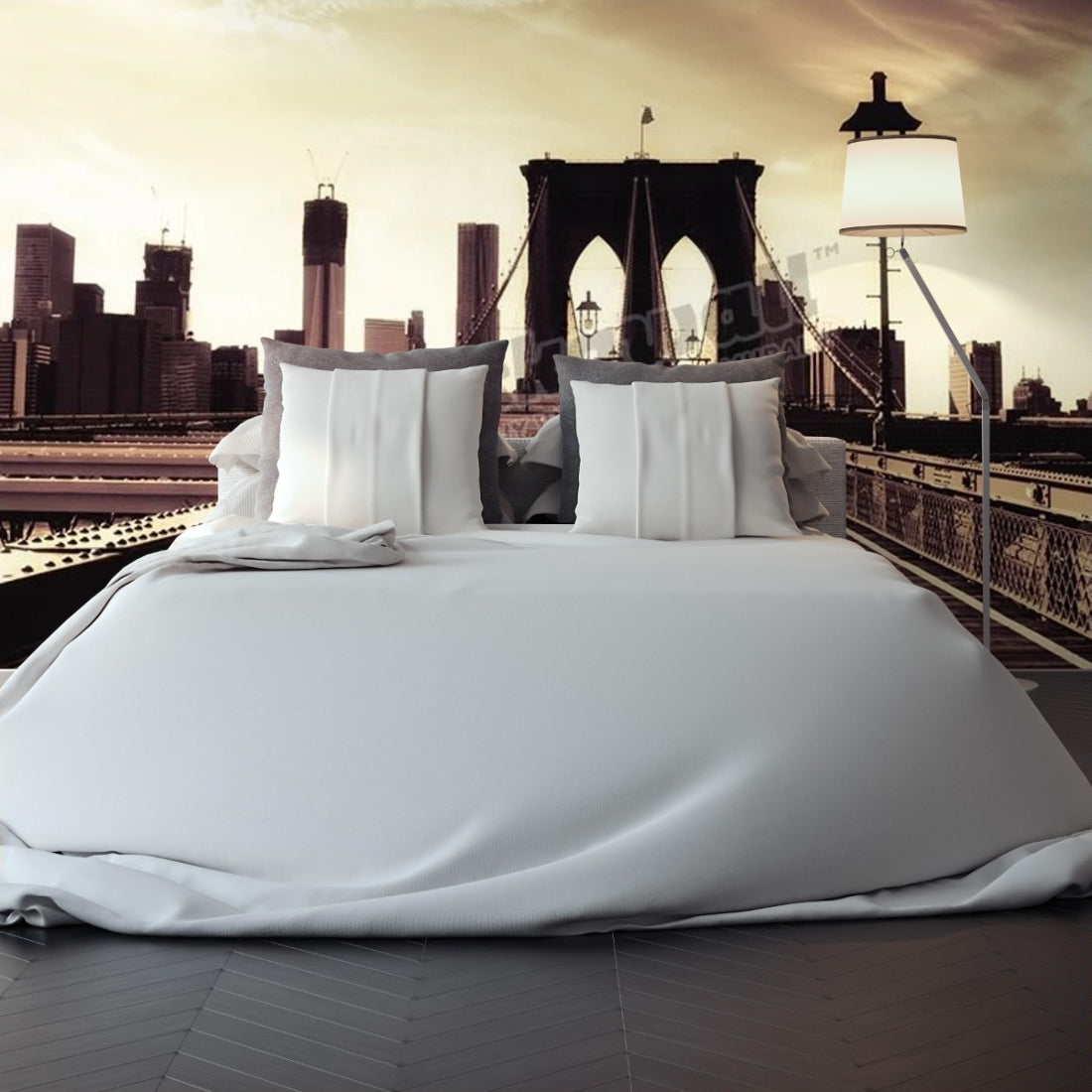Brooklyn Bridge at dusk, New York wallpaper in a bedroom - Pickawall