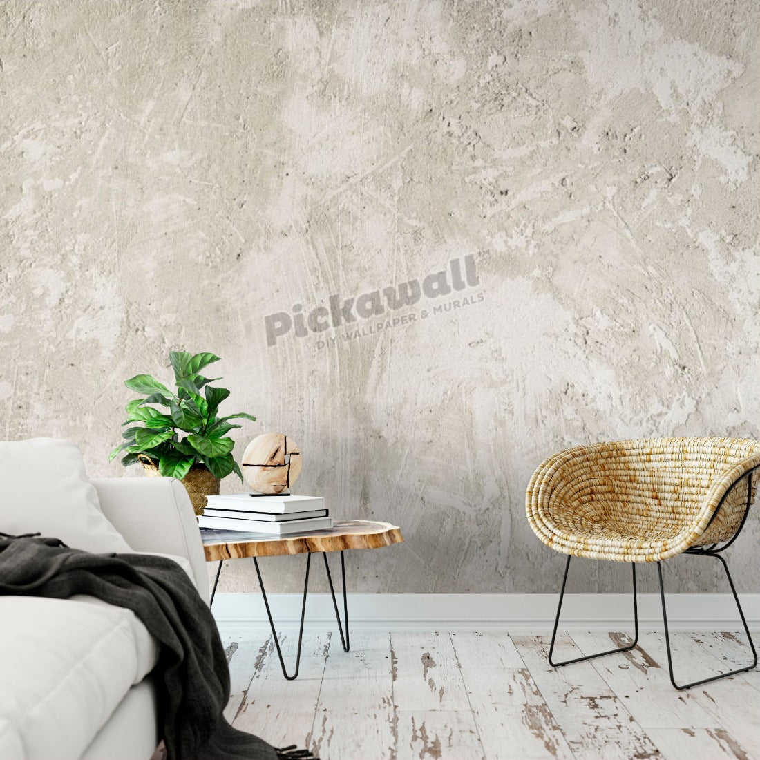Ivory Concrete- textured wallpaper in a living room - Pickawall