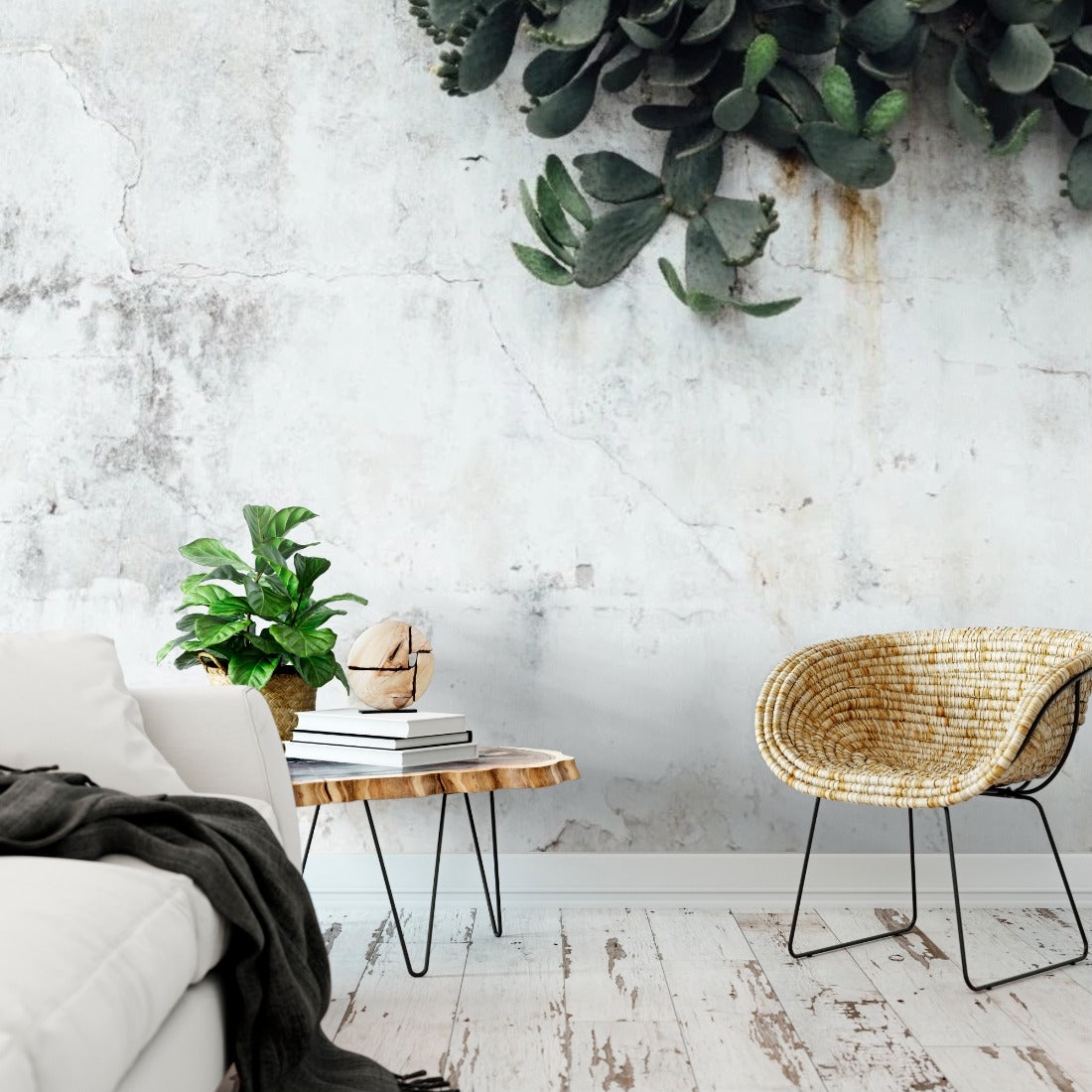 White Concrete wall with Cactus wallpaper in a living room - Pickawall