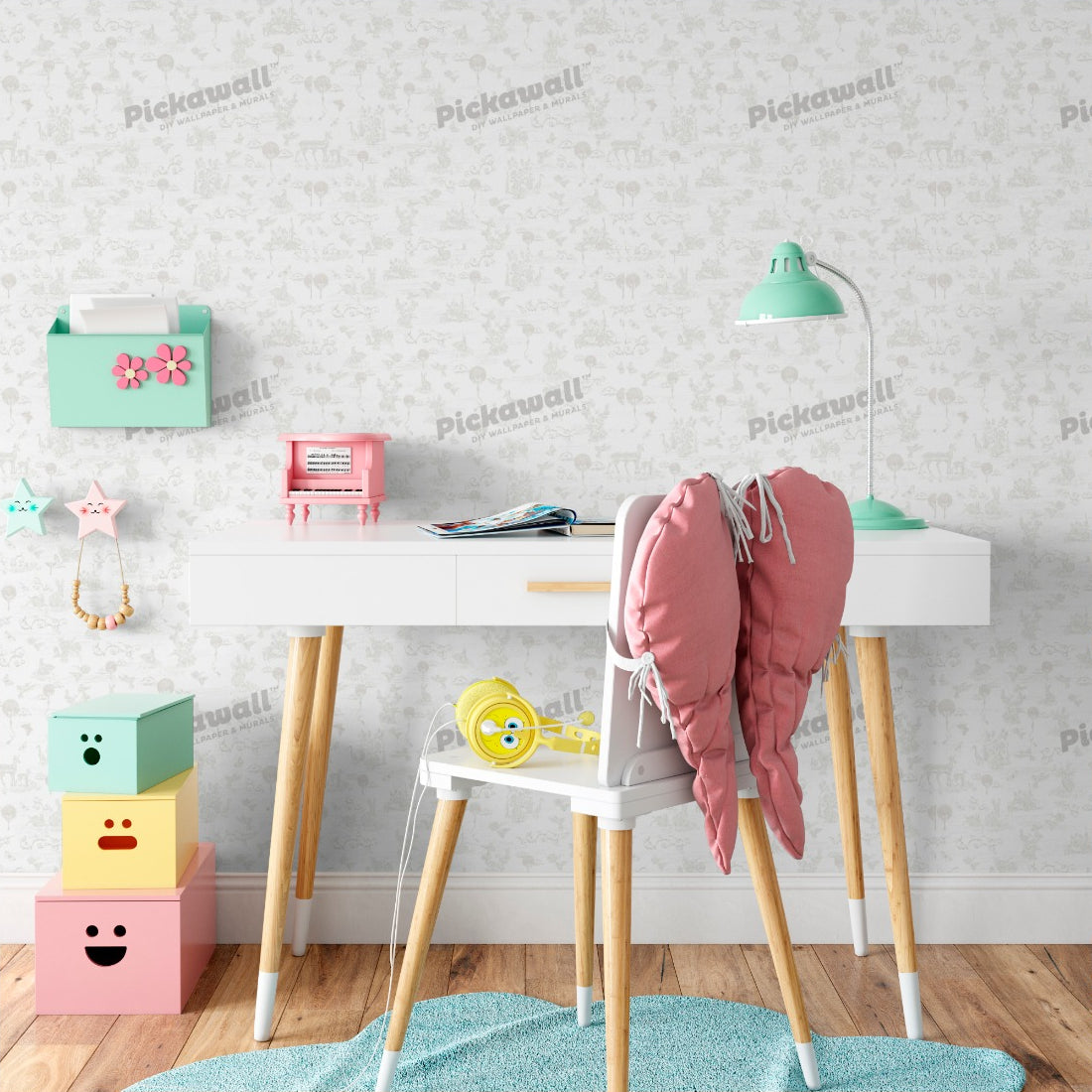 Whimsical Forest Pattern wallpaper in a kids study nook - Pickawall