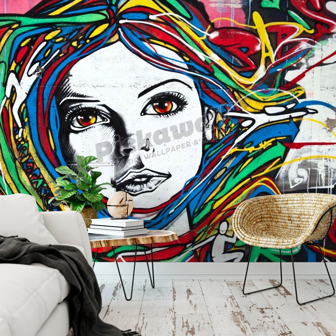 Graffiti on wall wallpaper in a living room - Pickawall