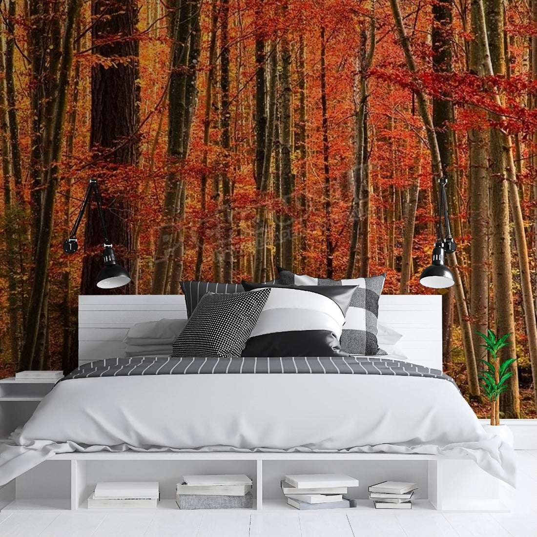 Red forest' wallpaper in a bedroom - Pickawall