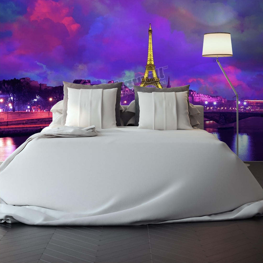 Eiffel Tower at night against a dramatic sky' wallpaper in a bedroom - Pickawall